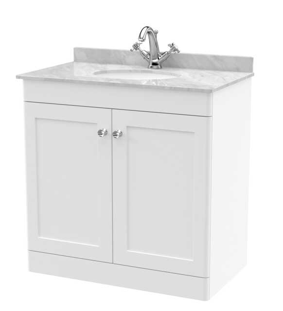Balterley Swynnerton Traditional 2 Door Floor Standing Vanity Unit with Marble Basin, Satin White, 800mm