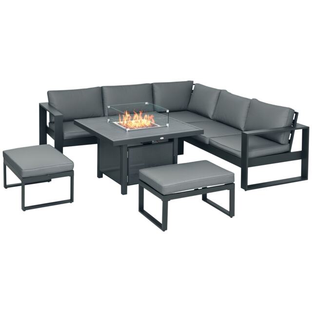 Outsunny 6-Piece Garden Furniture Set with Firepit Table Outdoor Sofa Aluminium Grey