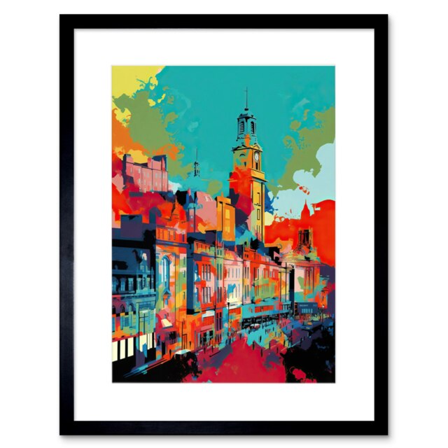 "Nottingham Cityscape Vibrant Abstract 9x7"" Black Framed Wall Art Print"