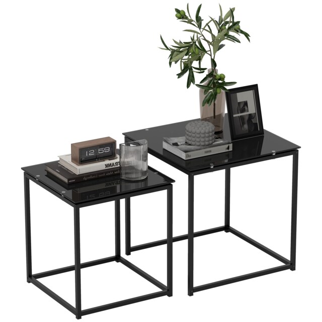 HOMCOM Nest of Tables, Set of 2 Coffee Table, Side Tables with Tempered Glass Desktop and Metal Frame for Living Room, Bedroom, Office, Black Black