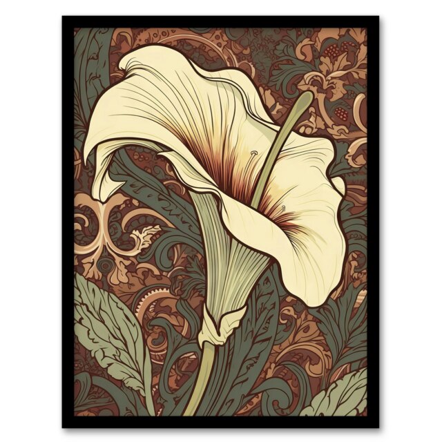 Single White Calla Lily Flower Art Nouveau Black Framed Wall Art Print A4