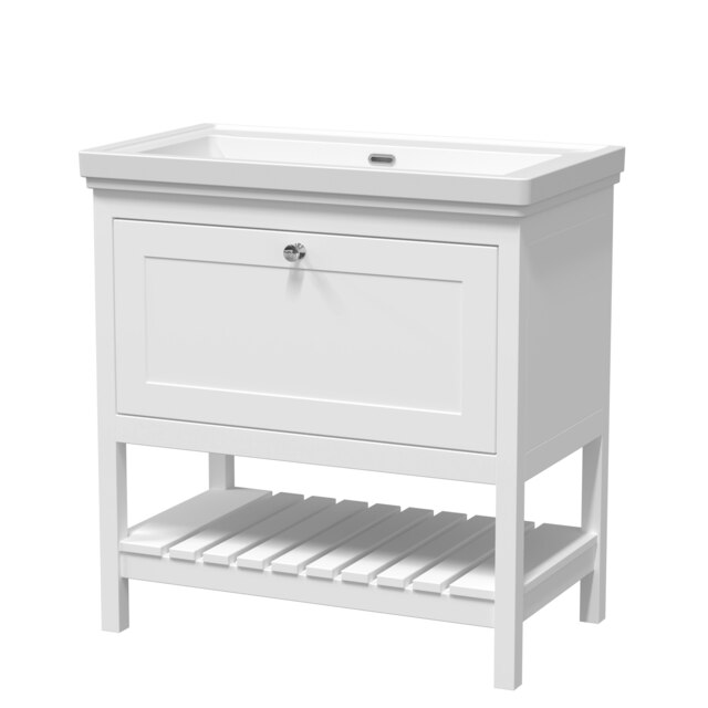 Traditional Furniture Floor Standing 1 Drawer Vanity & 0 Tap Hole Fireclay Basin, 800mm, Pure White White