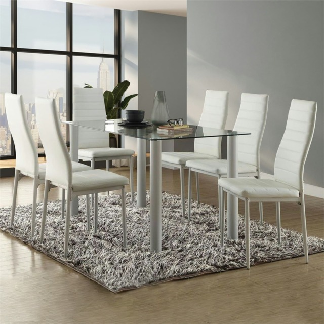 White Clear Glass Dining Table set with 6 White Faux Leather Chairs Dining Room Set White One Size 7