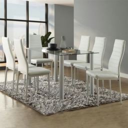 White Clear Glass Dining Table set with 6 White Faux Leather Chairs Dining Room Set White One Size 7