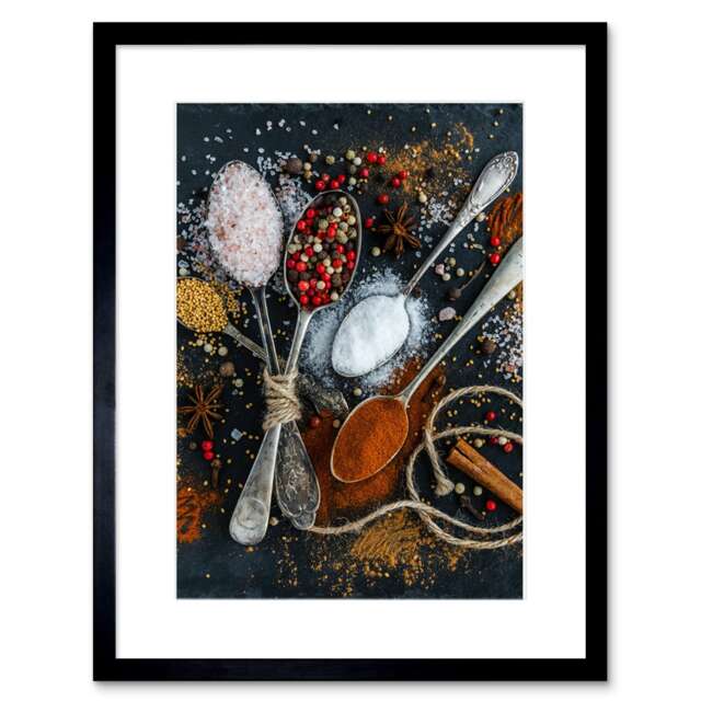 "Spoons Spice Seasoning Cooking Kitchen 9x7"" Black Framed Wall Art Print"