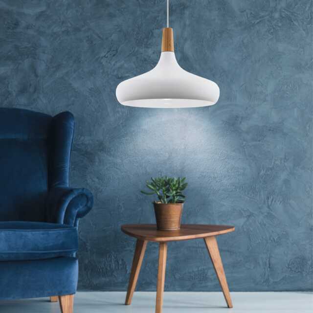 EGLO Sabinar White Metal/Wood Single Pendant Light, 40cm