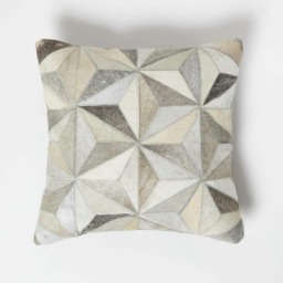 Homescapes Geometric Star Grey Leather Cushion - 45 x 45 cm