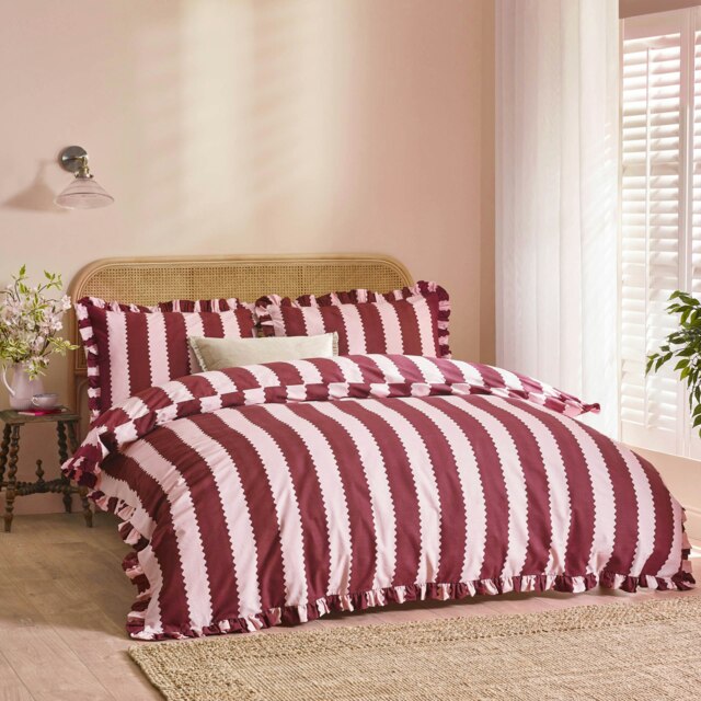 Wylder Nature Birdie Stripe Ruffle Duvet Cover Set Red King