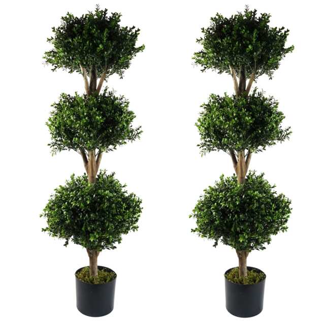 120cm Pair of Buxus Triple Ball Artificial Tree UV Resistant Outdoor Topiary Green 4ft