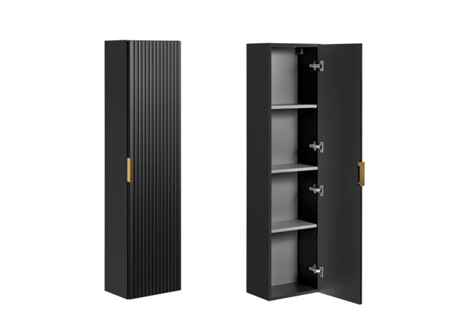 Bathroom Wall Cabinet Tall Slim Storage Unit Ribbed Textured Black 1 Door Floating Furniture - Adel
