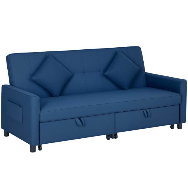HOMCOM Sectional Sofa Bed, L-Shaped 3 Seater Sofa Bed, Reversible Sleeper Sofa with Pull Out Couch Bed, Cushions, Fabric Futon Sofa Bed for Living Room, Blue Blue One Size
