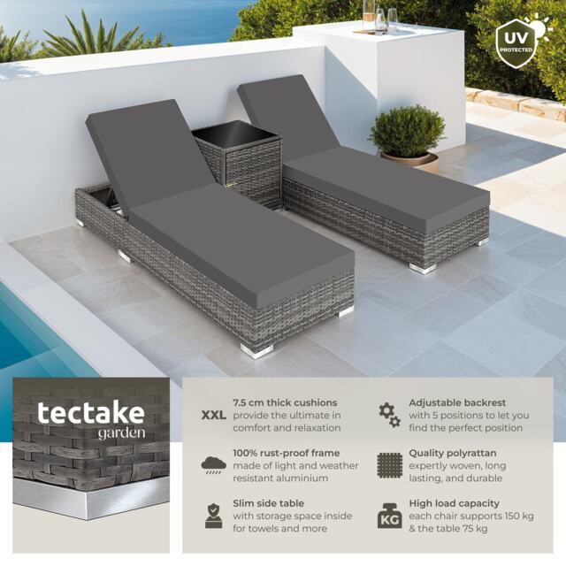 2 rattan lounge chairs with aluminum frames and a table, including protective covers Grey grey 1