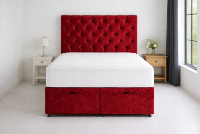 Crush red ottoman 4ft foot lift small double bed set with mattress and headboard