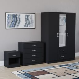 Vida Designs Riano 3 Piece Bedroom Set (1 Drawer Bedside Chest, 4 Drawer Chest, 3 Door 2 Drawer Mirrored Wardrobe) - Black