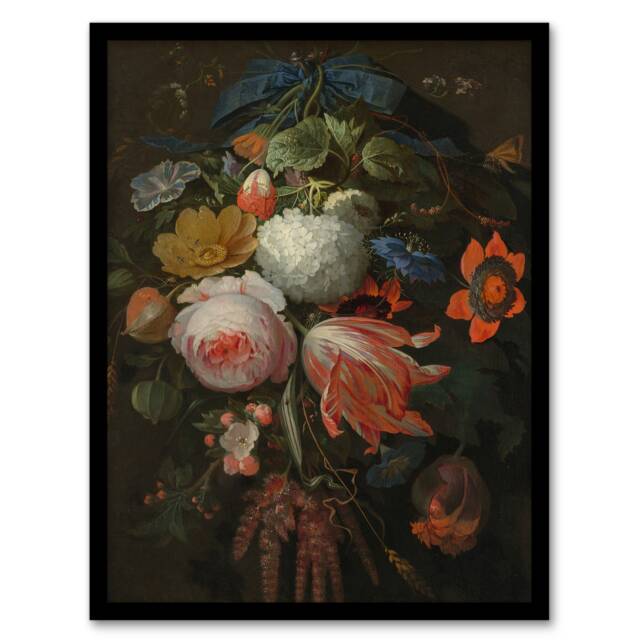 "Hanging Bouquet of Flowers Abraham Mignon Framed Wall Art Print 12X16"""