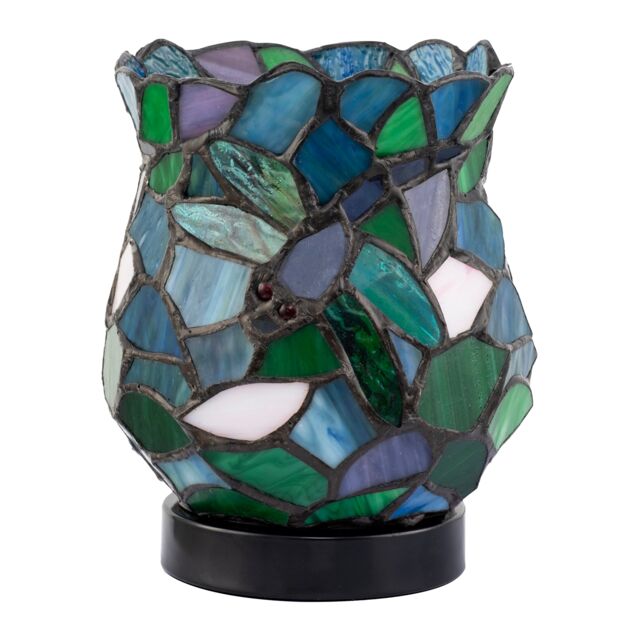 Dragonfly Themed Open Top Blue and Green Stained Glass Tiffany Lamp