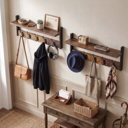 Levede Coat Rack Wall Mounted Wooden Hooks Hangers Storage Shelf 2 Pack Brown