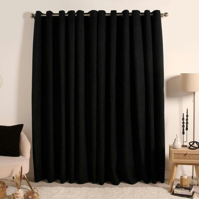 "OHS Boucle Textured Blackout Eyelet Curtains, 66x90"" - Black"
