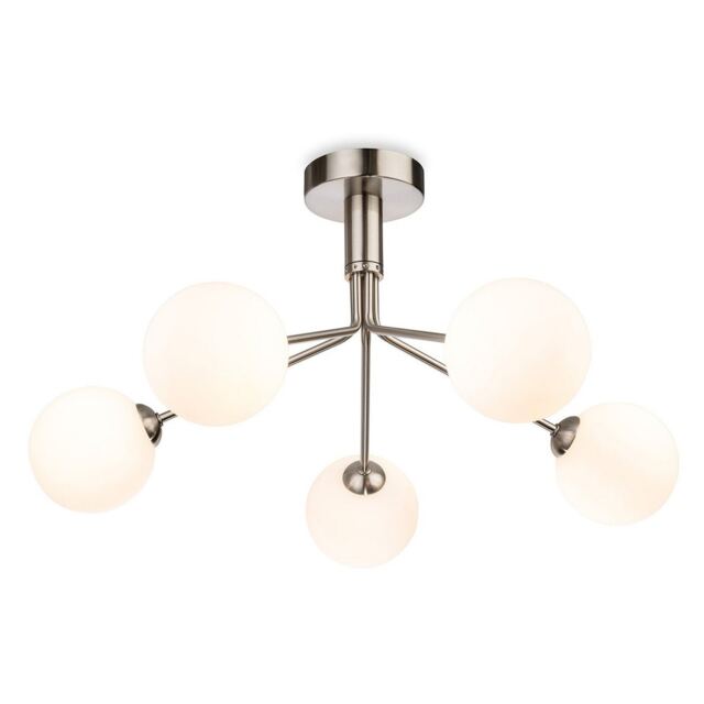 Lyric 5 Light Flush Ceiling Fitting Brushed Steel with Opal White Glass 5xG9