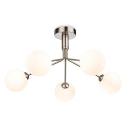 Lyric 5 Light Flush Ceiling Fitting Brushed Steel with Opal White Glass 5xG9