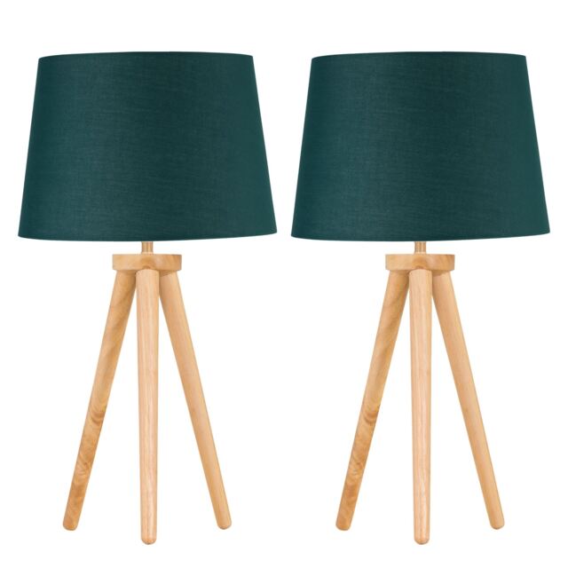Set of 2 Light Oak Table Lamp or Bedside Lights with Dark Green Shades Brown Green Large 2