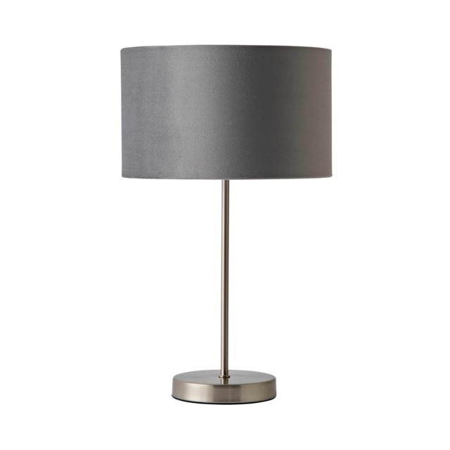 ValueLights Charlie Brushed Chrome Table Lamp Grey Velvet Chrome Shade and Bulb