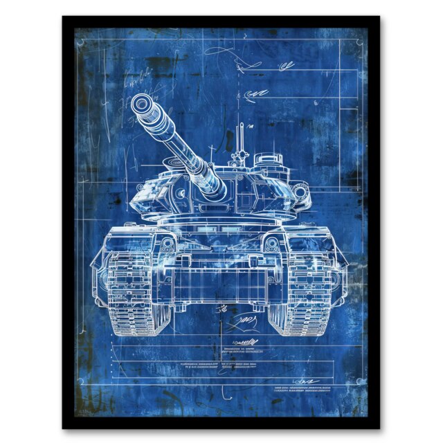 Tank Drawing Blueprint Military Vehicle Man Cave Black Framed Wall Art Print A4
