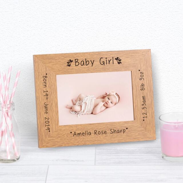Personalised New Baby Girl Wood Picture Frame 6x4 New Baby Gift