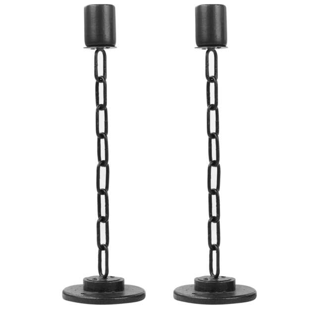 Black Metal Chain Link Design Candle Holder With Wooden Stand Home Decor Black Black Set Of 2 - Large