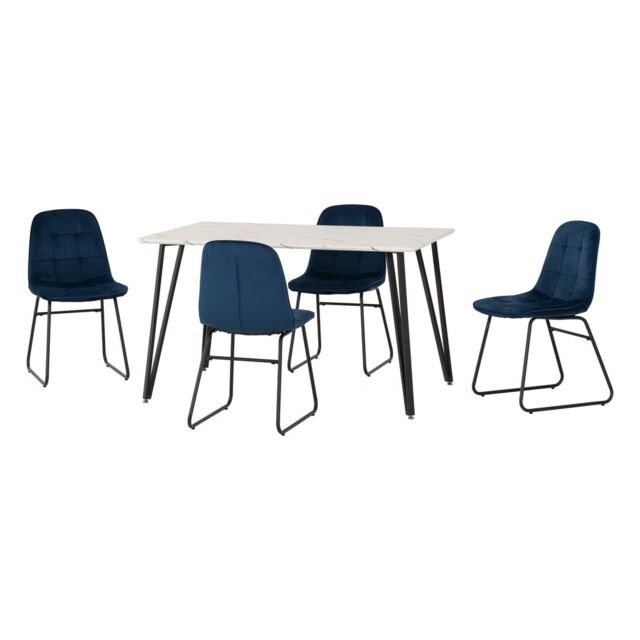 Marlow & Lukas Indoor Dining Set with 4 Chairs - White Marble - Sapphire Blue Velvet Blue White Marble/Sapphire Blue 5