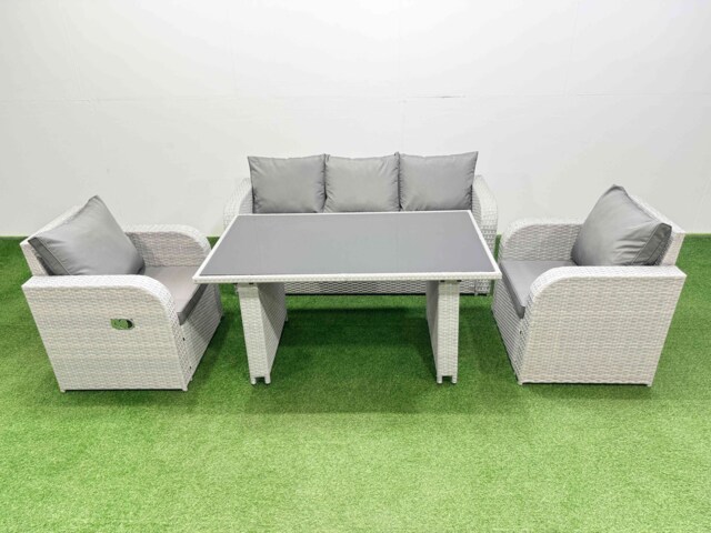 Fimous Outdoor Rattan Garden Furniture Dining Set 5-seater Patio Rectangular Table 3 Seater Sofa Reclining Chair Set