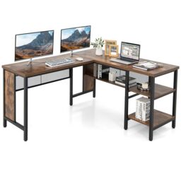 COSTWAY Large Corner L-Shaped Computer Desk Brown