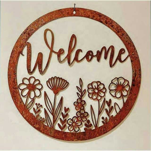 Wildflower Round Welcome Small Garden Wall Art - L29.5 x H29.5 cm - Bare Metal/Ready to Rust