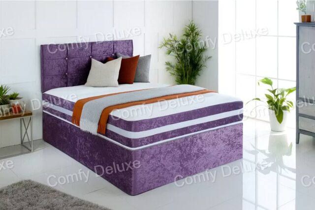 6ft Superking Purple Crushed Velvet Divan Bed Set Orthopaedic Mattress with Cube Headboard 4 Drawers