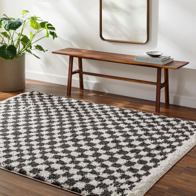 LIVABLISS Birmingham-Modern Checkered Soft Plush Pile Rug 200 x 275 cm Black Grey Brown
