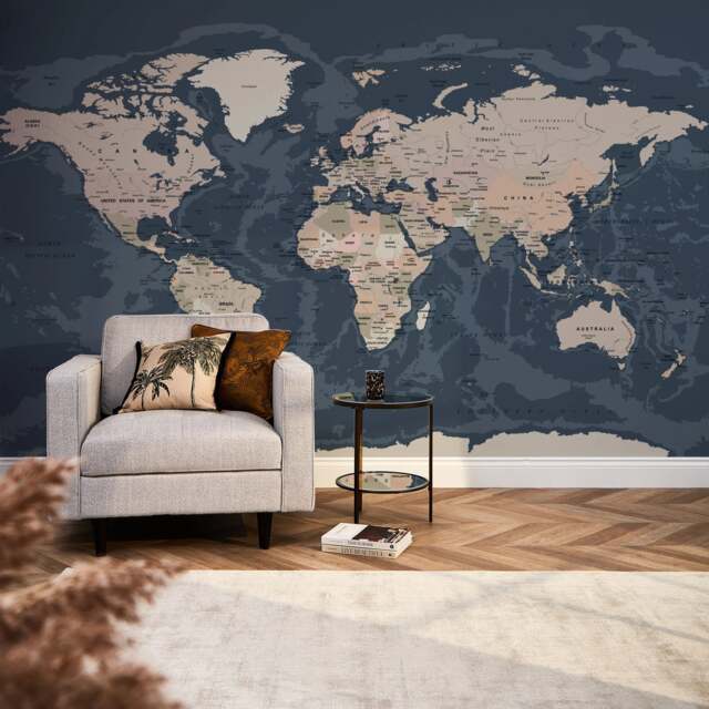World Map Full Wall Mural in Dark Blue Navy, Teal Extra Large (350cm x 240cm)