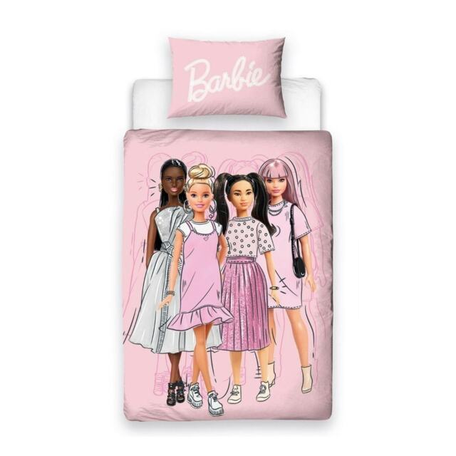 Barbie Reversible Figures Duvet Cover Set - Pink/White - Single Pink Single