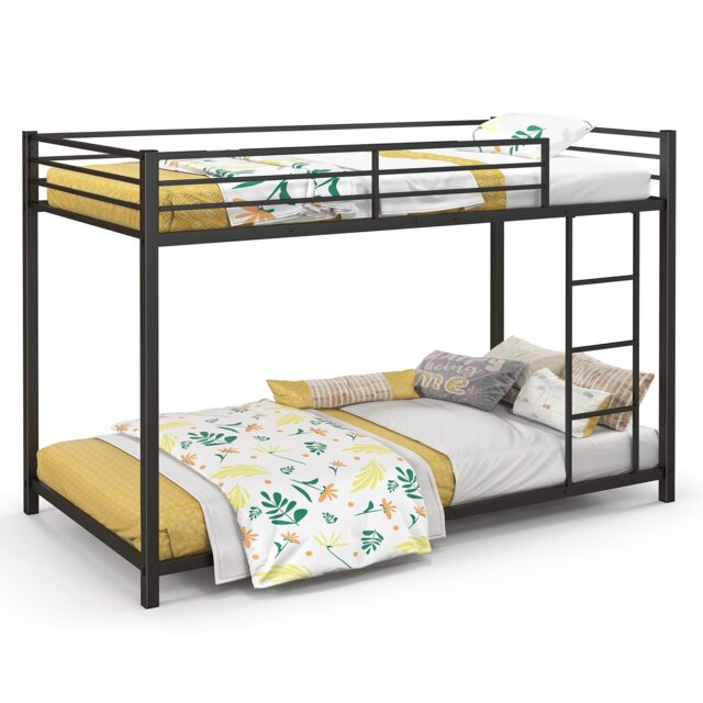 COSTWAY Metal Bunk Bed Low Profile Single Over Single Bunk Beds Ladder Black