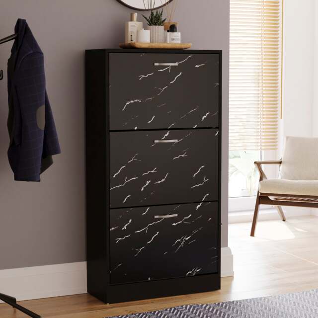 Vida Designs 3 Drawer Shoe Cabinet Shoe Rack Storage Cupboard, Black Marble