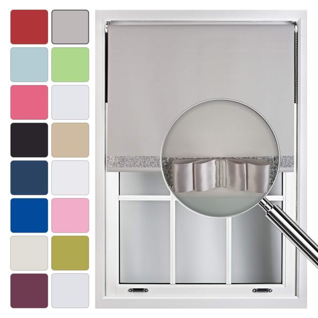 FURNISHED Blackout Roller Blind with Silver Glitter Trim and Grey Bow Cut to Size Grey Grey (W) 210cm x (L) 210cm