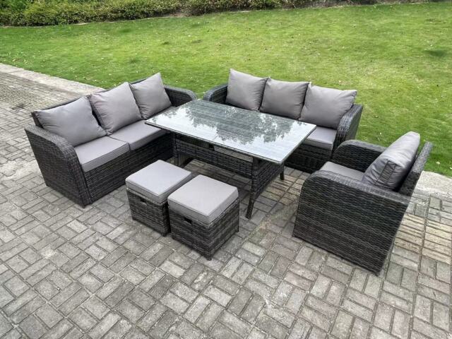 Fimous 9 Seater Dark Grey PE Wicker Rattan Garden Furniture Set Reclining Chair Lounge Sofa 3 Seater Sofa Set Outdoor Rectangular Dining Table With 2 Stools