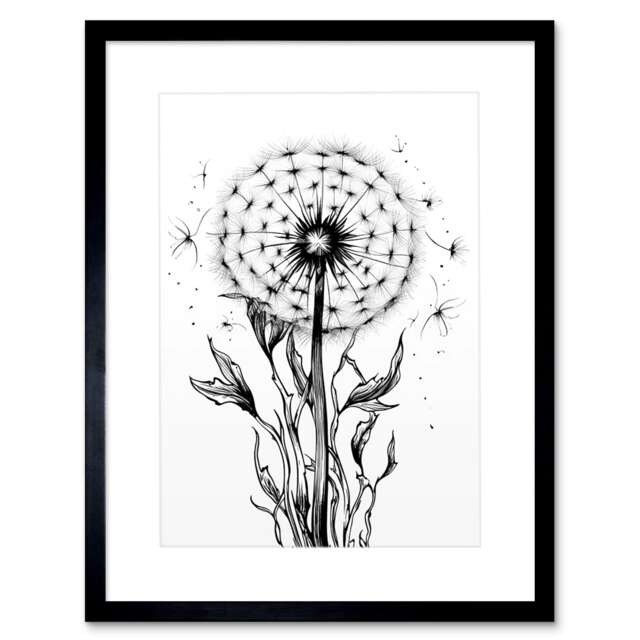 "Dandelion Flower Seed Black White Americana 50s 9x7"" Black Framed Wall Art Print"