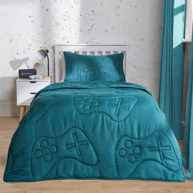 OHS Quilted Embossed Patterned Soft Plump Coverless 7.5 Tog Washable Duvet Cover and Pillowcase Bedding Set Blue Teal Gaming Single