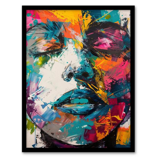 Woman Face Colourful Portrait Oil Living Room Black Framed Wall Art Print A4