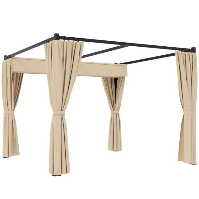 Outsunny 3 x 3m Pergola with Retractable Roof Canopy and Curtains, Metal Frame Garden Gazebo Outdoor Sun Shade Shelter for Grill, Patio, Deck, Beige