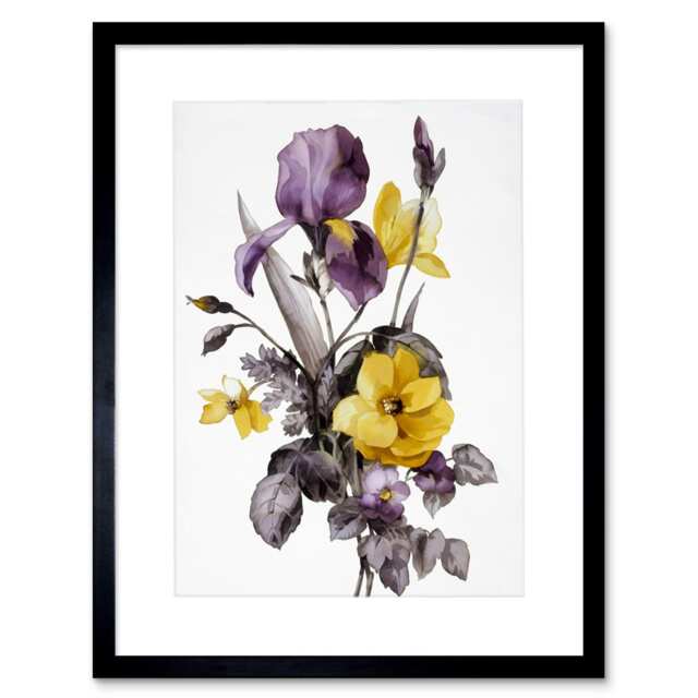 "Elegant Flowers Purple Yellow Floral Bouquet Painting 9x7"" Black Framed Wall Art Print"