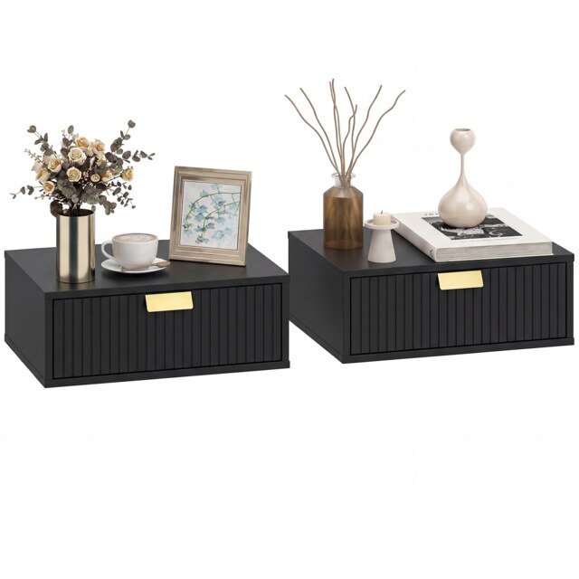 HOMCOM Floating Nightstands Set of 2 Bedside Tables w/ Wave Drawer Black Black 40W x 30D x 15H cm