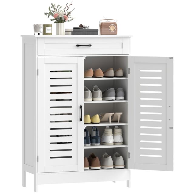 HOMCOM Modern Shoe Storage Cabinet with Louvered Doors and Drawer White White 78 x 37 x 115.8 cm