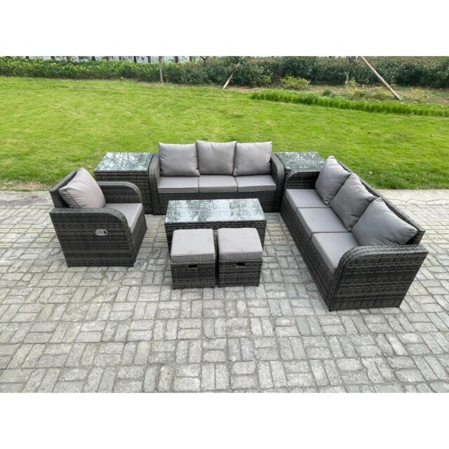 Fimous Outdoor Lounge Sofa Set 9 Seater Rattan Garden Furniture Set with Rectangular Coffee Table 2 Small Footstools 3 Seater Sofa 2 Side Tables Dark Grey Mixed