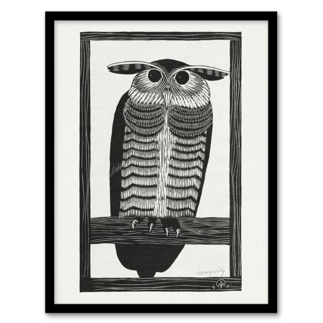 "Stylised Horned Owl Samuel J De Mesquita Framed Wall Art Print 12X16"""
